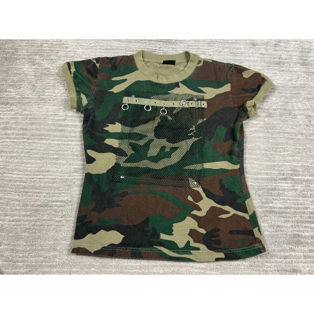 Riflessi T-Shirt Womens L Green Camouflage Mesh Pocket Metal Rings Short Sleeve